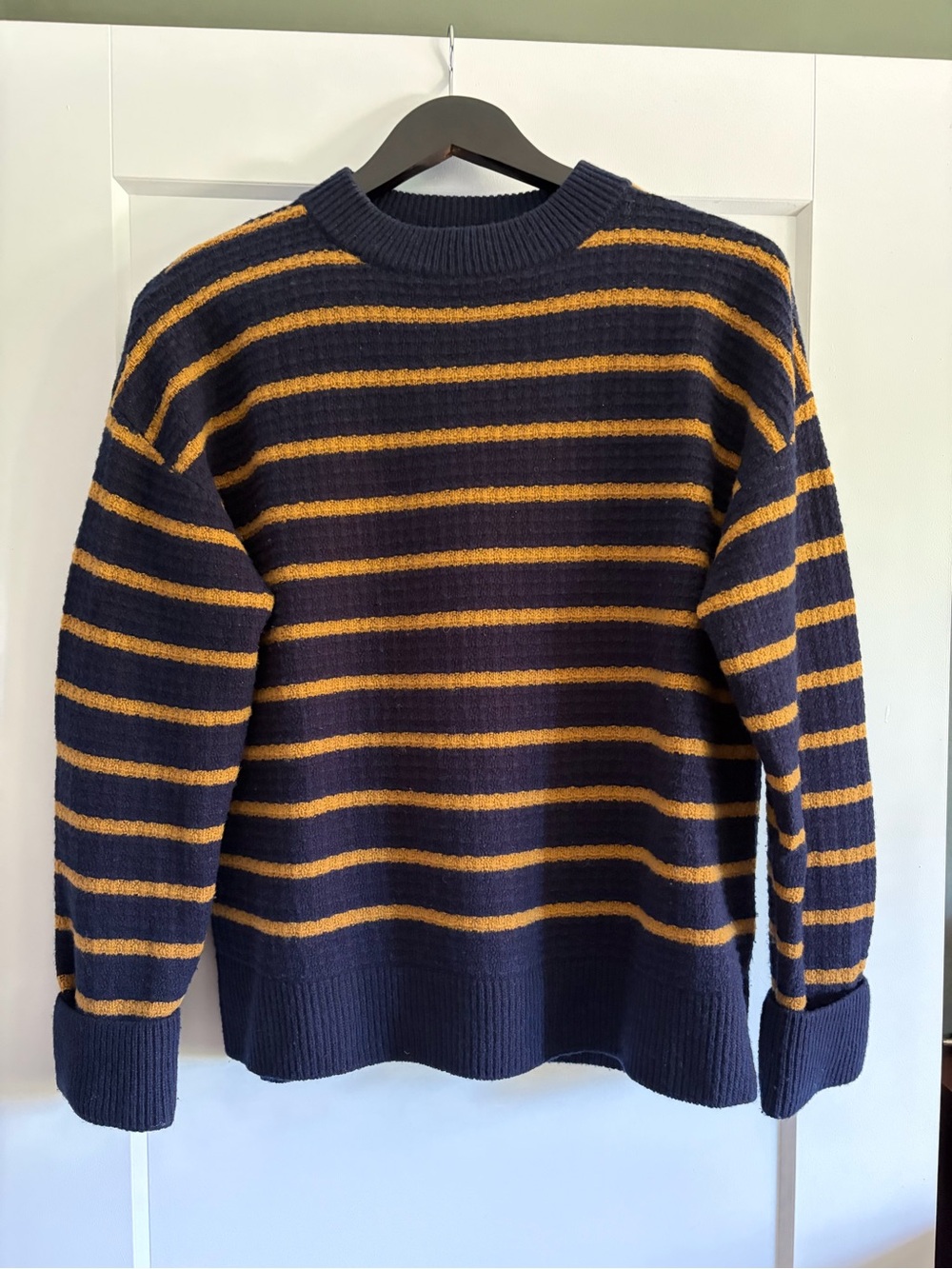 Uniqlo Navy and Mustard Striped Crewneck Sweater